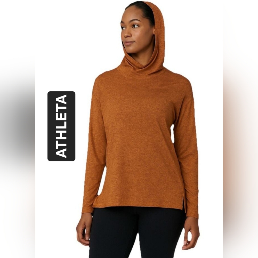 Athleta Uptempo Cowl Neck Hoodie Sweatshirt in Rich Rustic Brown - Picture 14 of 14
